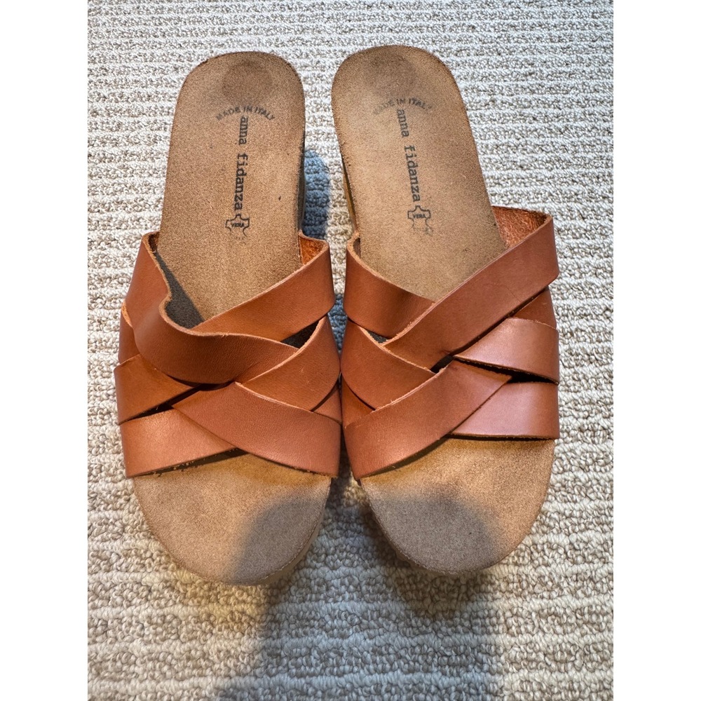 Anna Fidanza Made in Italy‎ Brown Leather Crisscross Platform Wedge Sandals US 8
